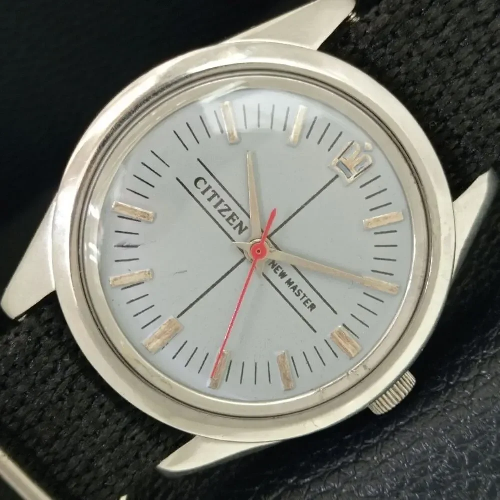 Vintage 1974 Citizen Manual Wound Mens Silver Watch & Red accents